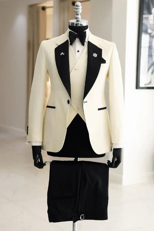 Ivory and Black Prom Suit Notched Lapel Slim Fit Wedding Suit