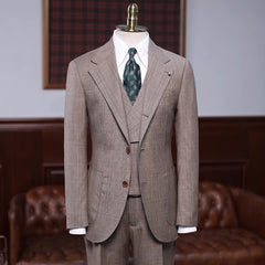 Khaki Plaid Notched Lapel Three Piece Prom Suit