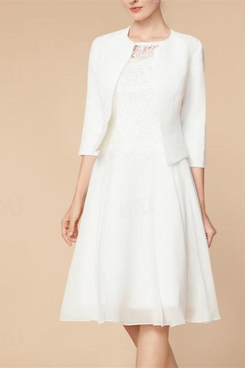 Knee-Length Mother of the Bride A-Line Dress with 3/4 Sleeves and Wraps