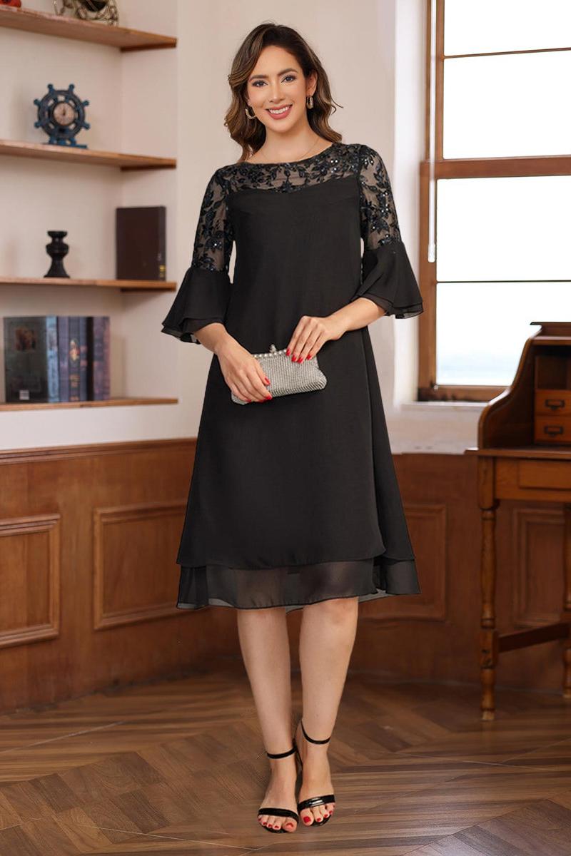 Knee-length A-line Princess Dress with Round Neck Half Sleeves Lace Appliques and Ruffles for Mothers of the Bride & Groom
