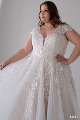 Lace A Line Wedding Dress with Cap Sleeves and Lace-Up Back