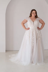 Lace A Line Wedding Dress with Cap Sleeves and Lace-Up Back