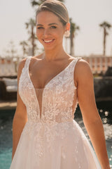 Lace A Line Wedding Dress with Plunging V Neck and Open Back
