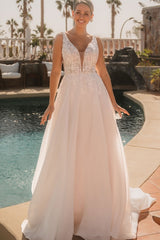 Lace A Line Wedding Dress with Plunging V Neck and Open Back