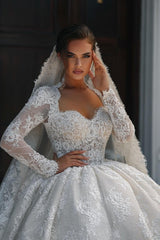 Lace Ball Gown Wedding Dress with Long Sleeves and Keyhole Back