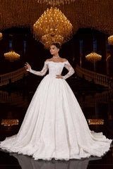 Lace Ball Gown Wedding Dress with Off Shoulder Long Sleeves