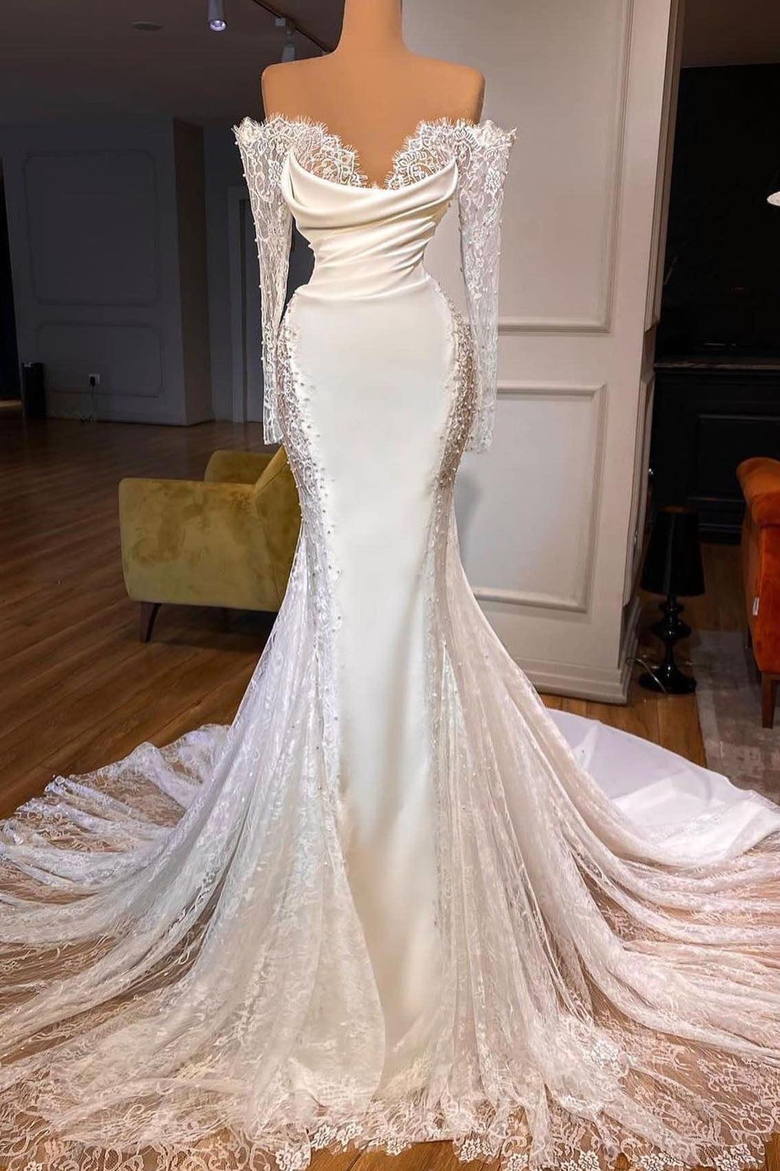 Lace Long Sleeves Off The Shoulder Trumpet Mermaid Wedding Dresses With Pearl