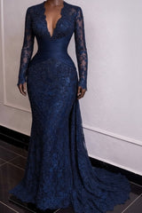 Lace Mermaid Formal Dress with Pleated Waist and V Neck