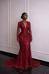 Lace Mermaid Formal Dress with Pleated Waist and V Neck