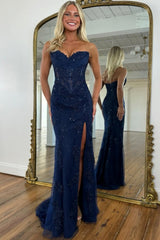 Lace Mermaid Prom Dress with Corset Bodice and Side Slit