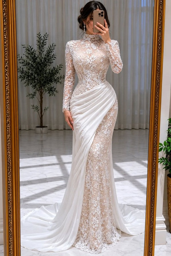 Lace Mermaid Prom Dress with High Neck and Long Sleeves