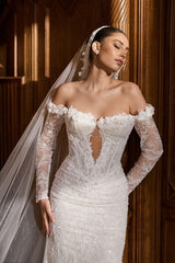 Lace Mermaid Wedding Dress with Off Shoulder Long Sleeves and 3D Flowers