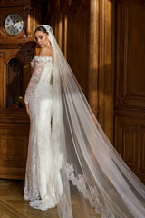 Lace Mermaid Wedding Dress with Off Shoulder Long Sleeves and 3D Flowers