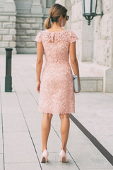 Pink Lace Wedding Guest Dress Sheath/Column Short Sleeve Mother of the Bride Dress
