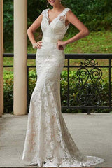 Lace Sheath/Column V-neck Beach Wedding Dresses With Bow(s) Sweep Train