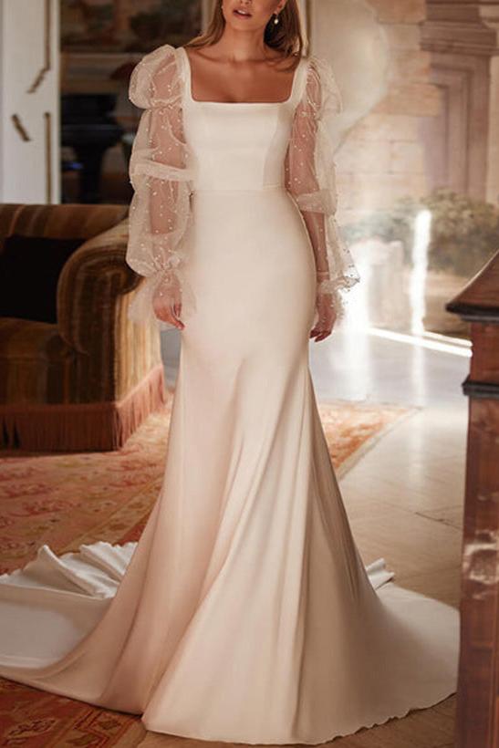 Lace Trumpet/Mermaid Square Neckline Elastic Satin Wedding Dresses