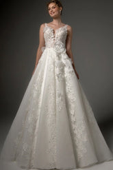 Lace Tulle A-Line Wedding Dress with V-Neck and 3D Flowers