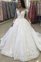 Lace Wedding Dresses: Ball-Gown Style with V-neck Long Sleeves Court Train and Appliques