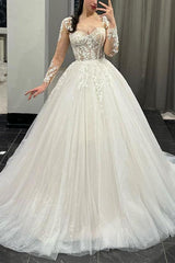 Lace/Tulle Ball-Gown Wedding Dress with Sweetheart Neckline Long Sleeves and Court Train