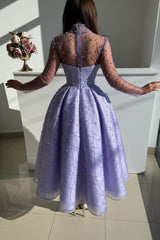 Lavender Glitter Tulle A Line Prom Dress with Illusion High Neck and Long Sleeves