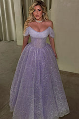 Lavender Glitter Tulle A Line Prom Dress with Sheer Corset Bodice