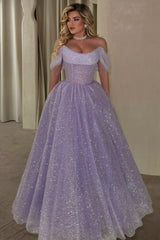 Lavender Glitter Tulle A Line Prom Dress with Sheer Corset Bodice