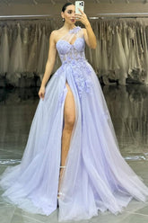 Lavender One-Shoulder Floral Appliques-Tulle Prom Gown With High Slit Formal Evening Gown