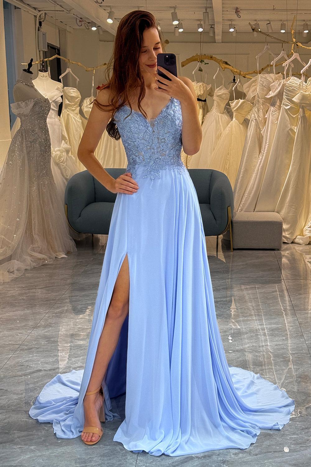 Lavender Prom Dress A Line Backless Long Evening Dress With Embroidery