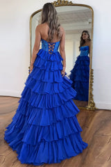 Lavender Prom Dress A Line Strapless Corset Long Chiffon Formal Dress With Slit