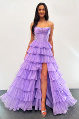 Lavender Prom Dress A Line Strapless Corset Long Chiffon Formal Dress With Slit