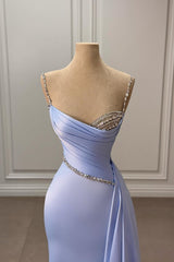 Lavender Prom Dress Mermaid Spaghetti Strap Sleeveless Beaded Panel Train Satin Formal Dress With Rhinestones