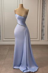 Lavender Prom Dress Mermaid Spaghetti Strap Sleeveless Beaded Panel Train Satin Formal Dress With Rhinestones