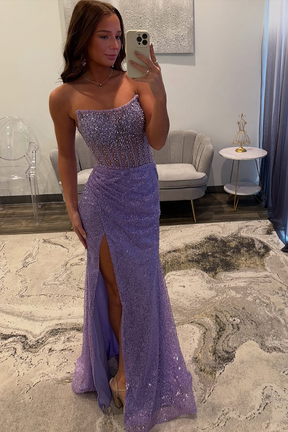 Lavender Prom Dress Mermaid Strapless Long Formal Dress With Slit