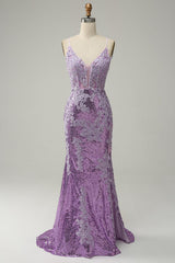 Lavender Prom Dress Sequin Mermaid Evening Dress with Appliques