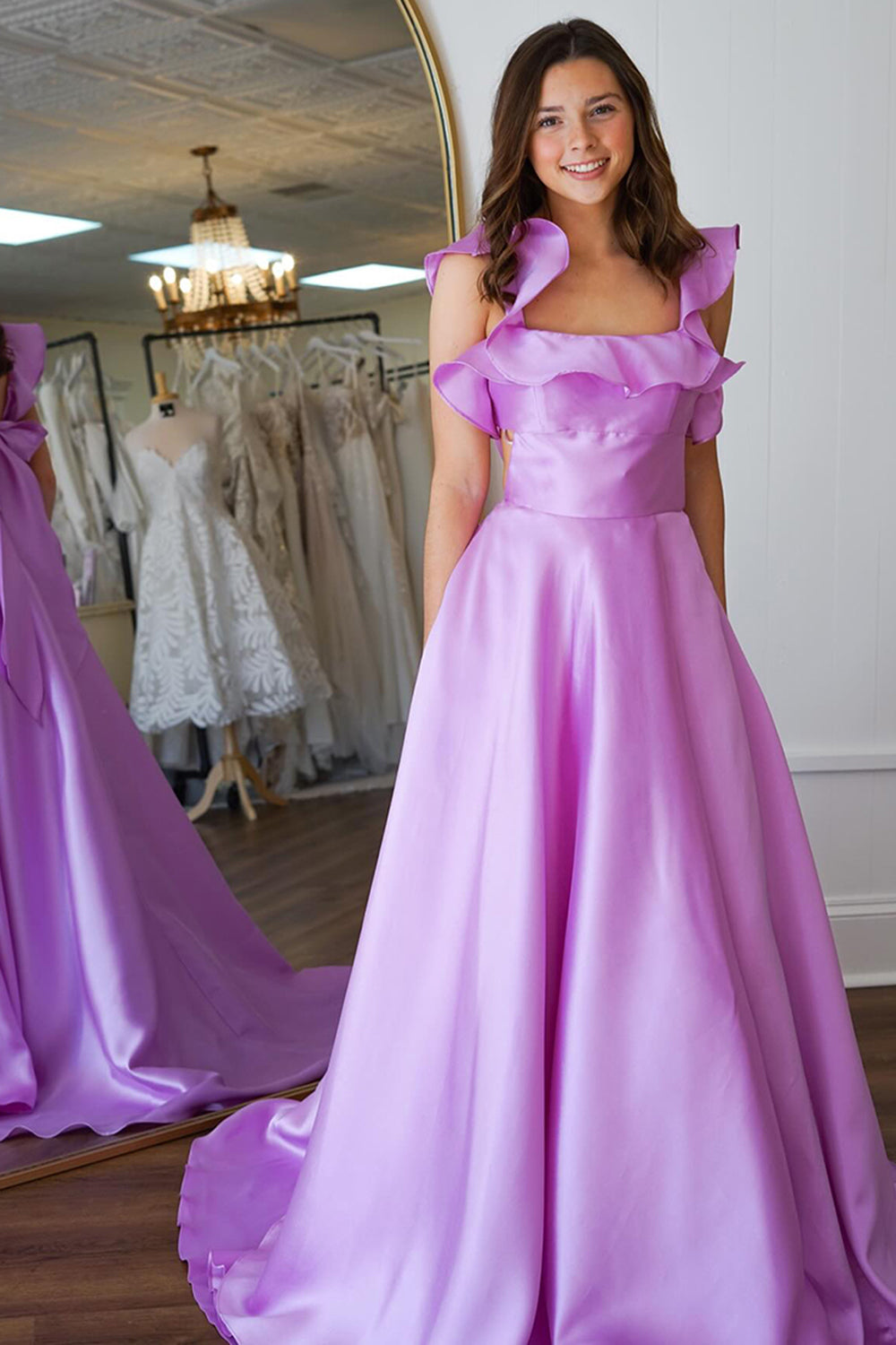 Lavender Prom Dress Square Neck A Line Formal Dress With Ruffled Sleeves
