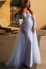 Lavender Tulle A Line Prom Dress with Lace Long Sleeves and Corset Bodice