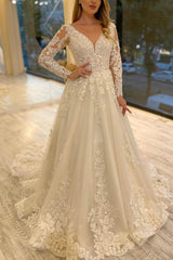 Lavish Lace V-Neck Long Sleeves A-Line Bridal Gowns
