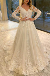 Lavish Lace V-Neck Long Sleeves A-Line Bridal Gowns