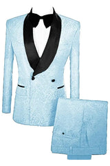 Light Blue Double Breasted Jacquard Wedding Suit with Velvet Lapel