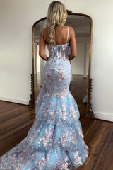 Light Blue Floral Embroidered Mermaid Prom Dress With Tiered Tulle Train Formal Evening Gown