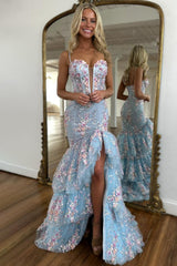 Light Blue Floral Embroidered Mermaid Prom Dress With Tiered Tulle Train Formal Evening Gown