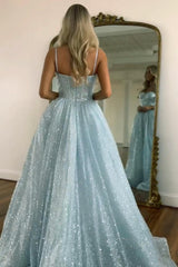 Light Blue Glitter Floor-Length Gown With Spaghetti Straps Prom Dress Formal Evening Gown