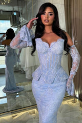 Light Blue Lace Mermaid Prom Dress with Detachable Sleeves