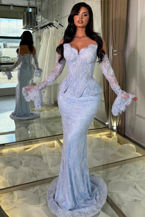 Light Blue Lace Mermaid Prom Dress with Detachable Sleeves