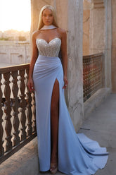 Light Blue Mermaid Prom Dress with Crystal Bodice and High Slit