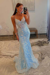 Dreamyannie Blue Prom Dress Spaghetti Straps Corset Mermaid Tulle Evening Dress