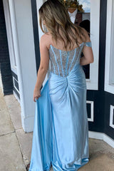 Light Blue Prom Dress Beaded Corset One Shoulder Long Satin Evening Dress