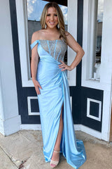 Light Blue Prom Dress Beaded Corset One Shoulder Long Satin Evening Dress