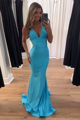 Light Blue Prom Dress Mermaid Deep V-Neck Backless Long Formal Dress