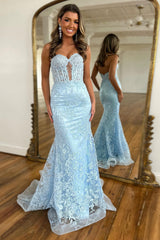 Light Blue Prom Dress Mermaid Sweerheart Corset Evening Dress with Appliques